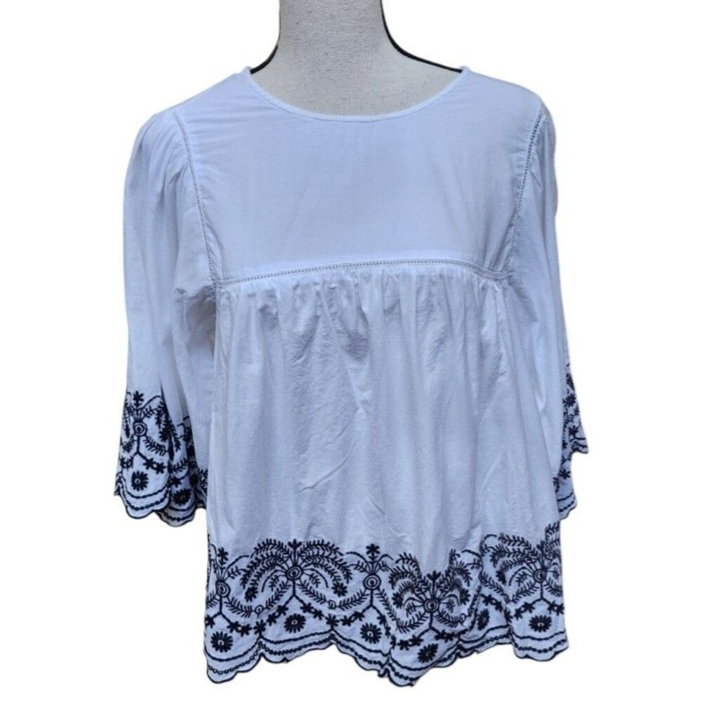 Zara Embroidered Peasant Top Back Tie Size Small White Cotton